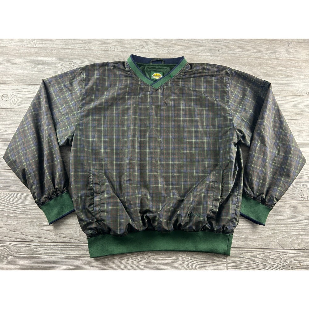 Cabella's Outdoor Gear men's Large green Plaid Mesh lined pullover windbreaker